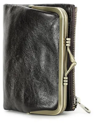 Produktbild von RFID-Geldbörse für Damen, mit Verschluss, aus echtem Leder, multifunktionelle, doppelte Geldbörse mit Reißverschlussfach, Vintage-Stil, Kreditkartenhalter, kleine Clutch mit ID-Fenster, Farbe: Kaffee, Einheitsgröße, Retro-Design