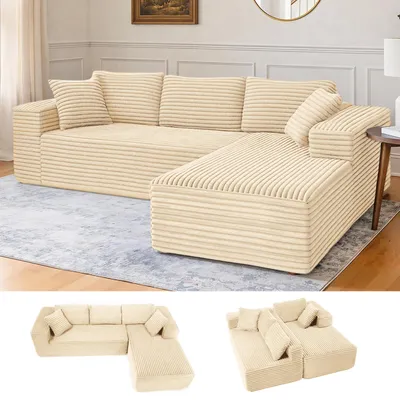 A sectional sofa in a living room setting and separate views of the sofa components.