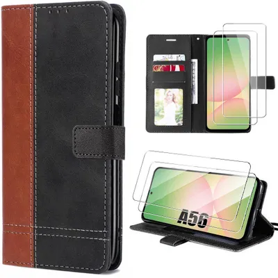 Image de Coque + 2 Verres Trempés pour Samsung Galaxy A56 5G, Protection Cuir Synthétique Anti-Rayures Antichoc Marron/Noir
