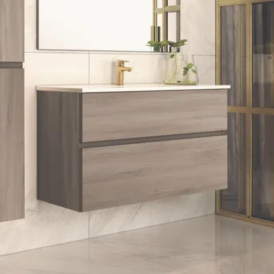 Immagine prodotto di Mobile bagno sospeso rovere grigio Londres 2 cassetti 100x45x59H