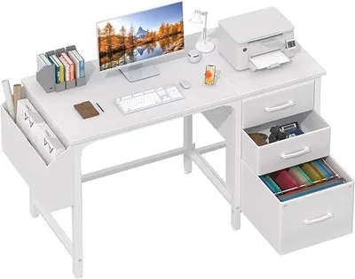 Imagen del producto de Escritorio con 3 cajones, pequeño, color blanco, 120x50 cm. Mesa de ordenador con espacio de almacenamiento. Escritorio para oficina, ideal para salones, perfecto para niñas