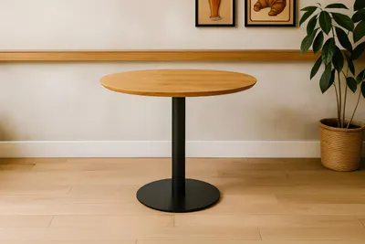 Produktbild von Runder Bistrotisch Brasilian | 80 x 80 cm | Akazienholz massiv | Farbe: Natur | Schweizer Kante | Säulen-Gestell Metall Schwarz | Holztisch/Säulentisch/Esstisch für Küche & Café