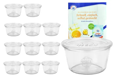Produktbild von 12er Set Weck Sturzgläser 290ml nieder, 1/5L Gläser mit 12 Glasdeckeln inkl. Rezeptheft