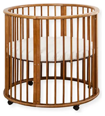 Zdjęcie produktu dla Buxibo Baby Box – Barierka dla dziecka – Okrągła drewniana zabawka – Łóżeczko turystyczne – W zestawie materac – Na kółkach – 85x85x85 cm – Orzech