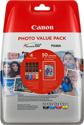 Zdjęcie produktu dla Canon CLI-551 C/M/Y/BK, Standardowa wydajność, Czarny, Cyjan, Żółty, Purpurowy, Tusz na bazie pigmentu, Tusz na bazie pigmentu, 4 szt., Multipak