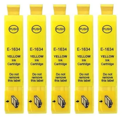Five yellow ink cartridges lined up against a white background.