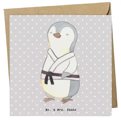 Produktbild von Mr. & Mrs. Panda Grußkarte Pinguin Karate - Grau Pastell - Geschenk, Kampfkunst, Verein, Selbstverteidigung, Klappkarte, faltkarte, anlasskarte, Kampfsportart