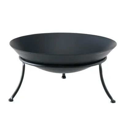 A black fire bowl on a stand, shown against a white background.