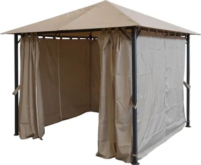 A sand-colored gazebo with black metal frame and curtains, shown from the front with an open entrance.