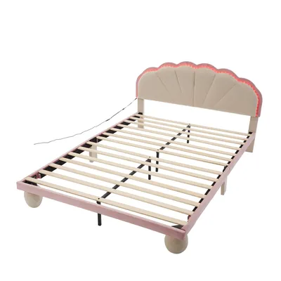 Produktbild von Flieks Polsterbett 140x200 mit Led, Kinderbett Jugendbett mit Lattenrost, Doppelbett mit Polsterfußbeinen, Klassisches Bett, Samt, Beige Rosa