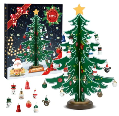 Mini Holz-Adventskalender Weihnachtsbaum mit 24 Ornamenten