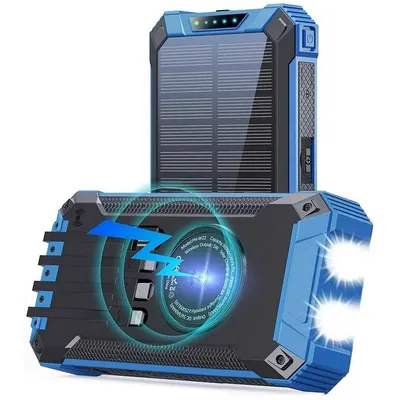 Produktbild von Solar Powerbank, 26800mAh Solarladegerät, 15W Schnellladefunktion USB C Externer Akku 4 USB-Kabeln und Doppeltaschenlampe, Wasserdicht, Blau