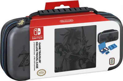 Produktbild von BigBen Zelda Hartschalen-Transporttasche für Nintendo Switch, Grau, NNS44, offiziell Nintendo-lizenziert, optimaler Schutz mit verstellbarem Betrachtungsständer und Tragegriffen, gepolstert mit Display-Abtrennung, Platz für Konsole, Joy-Cons, Ladegerät und Spiele, inkl. 2x 4-Spiele- und 2x 2-Micro-SD-Boxen, 45x260x155 mm (BxTxH)