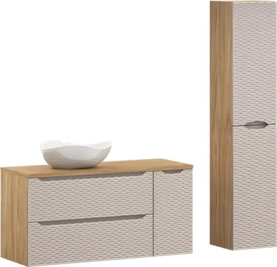 Productafbeelding van Badkamerset YOKA beige: onderbouwmeubel 120 cm + wastafelblad + opzetwastafel + opbergkolom