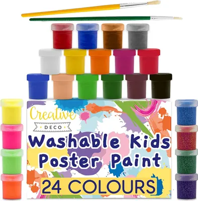 Produktbild von Creative Deco Kinder-Farbe Fingerfarbe Bastel-Farbe Plakat-farbe Set | 20 ml x 24 Mehrfarbige Becher | Grund, Leuchtstoff, Glitzer, Metallic & Neonfarben | Perfekt für Anfänger Studenten Künstler