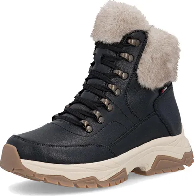 A single black winter boot with fur trim is shown against a white background.