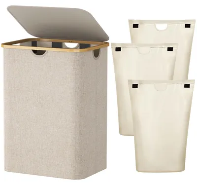 Waschkorb 150 l mit Deckel, 3 Fächer, Beige