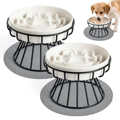Immagine prodotto di Set di 2 ciotole rialzate per gatti, in Vetroceramica, con base in silicone e supporto in metallo, colore bianco, adatte per gatti e piccoli cani