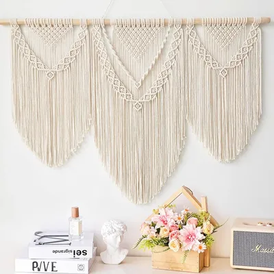 Produktbild von Makramee-Wandbehang, handgewebtes Wandbild, Boho-Deko, stilvol, für Zuhause, Schlafsaal, Zimmerdekoration, 110 cm (Breite) x 82 cm (Höhe), Balkon-Dekoration, Boho-Wanddekoration (Set B)