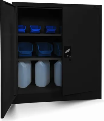 An open black metal cabinet with shelves containing blue storage bins and white plastic containers.