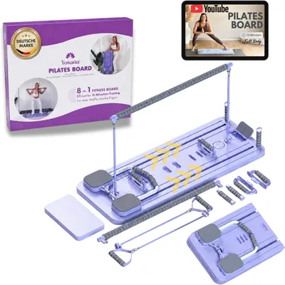 Immagine prodotto di Tavola pieghevole per Pilates, multifunzione (8 in 1), con cuscinetto per le ginocchia, elastici di resistenza e barra, ideale per l'allenamento