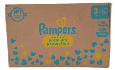 Produktbild von Pampers Premium Protection Größe 3, 148 Windeln, 6 – 10 kg, doppelter Schutz für Haut und gegen Lecks + 10 Tücher Harmonie Aqua gratis