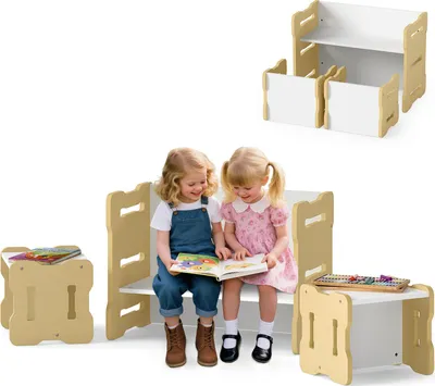 Image de COSTWAY Table pour enfants avec 2 chaises, 6 en 1 table à dessin & banc pour enfants & bureau pour enfants, ensemble de sièges en bois pour enfants 3 pièces pour les petits enfants à partir de 3 ans, nature