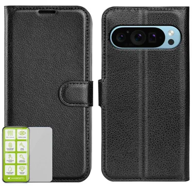 Obrázek produktu pro Pouzdro na mobilní telefon Google Pixel 9 / 9 Pro, černé, z umělé kůže + tvrzené sklo H9