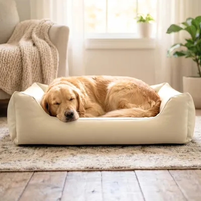 Produktbild von 4L Textil Mario Orthopädisches Hundebett aus Kunstleder Beige 120x90 cm Memory Foam Robust Wasserabweisend Für Große Hunde