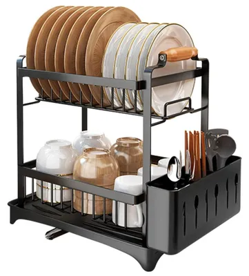 Produktbild von Abtropfgestell - 2-stöckiges Geschirrabtropfregal - Edelstahl rostfrei - Tropfschale mit Besteckhalter - Schwarz