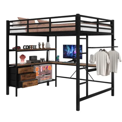 Produktbild von Merax Etagenbett Hochbett 140x200 cm, mit LED, Schreibtisch mit Steckdose und USB, 3 Schubladen, Regale, Aufhänger, Stockbett Kinderbett, Schwarz