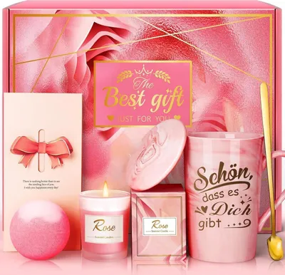 Obrázek produktu pro Wellness dárková sada pro ženy - hrnek, svíčka a bomba do koupele, růžová a zlatá, narozeniny a Vánoce