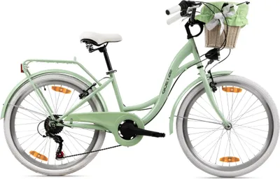 Obrázek produktu pro Městské kolo Goetze Mood 24 – dámské/dívčí, 6 rychlostí Shimano, hliníkový stupňovitý rám 14, LED osvětlení, košík