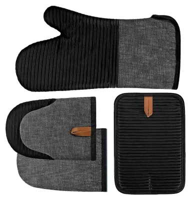 Produktbild von Ofenhandschuhe, 4er Set Topflappen und Ofenhandschuhe, Hitzebeständige Kochhandschuhe, Silikon Anti-Rutsch, Geeignet für Kochen, Backen und Grillen (Schwarz)