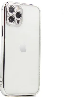 A close-up, side view of the back of a silver iPhone 12 Pro Max with a clear case.