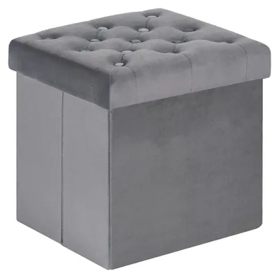 Immagine prodotto di Pouf contenitore in velluto con coperchio, scatola pieghevole, colore grigio