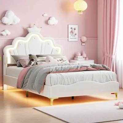 Produktbild von UnboxG Kinderbett 140x190 cm Weiß mit Krone-Kopfteil, LED-Beleuchtung, Polsterbett aus Kunstleder mit Lattenrost, Prinzessinnenbett