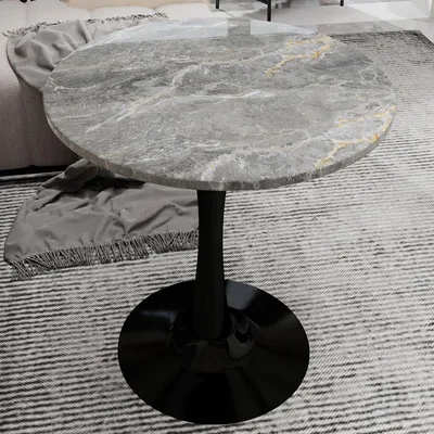 Imagen del producto de Mesa de conferencias MODFU, estilo Mid-Century Modern, con tablero de mármol redondo de 27,6 pulgadas de diámetro. Mesa sofisticada con patas altas, ideal para 2-4 personas, en color y gris