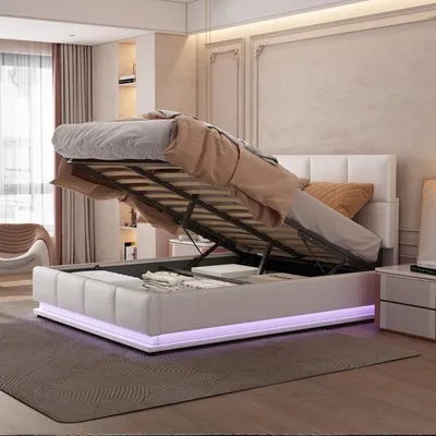 Produktbild von LED Polsterbett 140x200 cm mit Stauraum & Lattenrost, Doppelbett mit hydraulischem Bettkasten und Kunstlederbezug für Schlafzimmer Jugendzimmer, Weiß