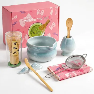 Produktbild von Matcha Set 8-teilig Keramikschale Bambusbesen Chasen Halter Löffel Sieb Tuch Blau