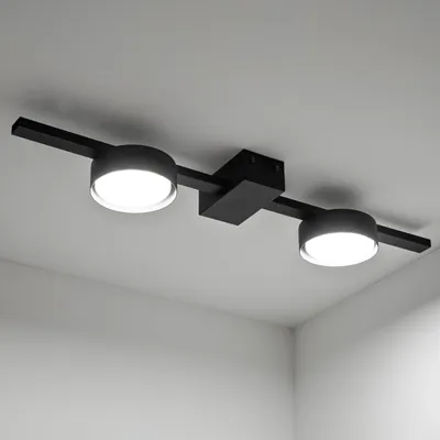 A black ceiling light fixture with two adjustable spotlights is mounted on a white ceiling.