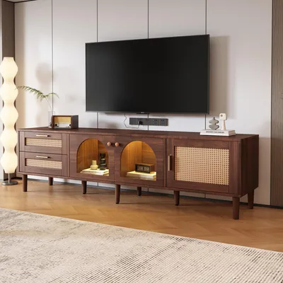 Produktbild von MODFU TV-Schrank 180 cm Lowboard mit LED,2 Rattan-Schubladen und 2 Glastüren,Moderner Fernsehtisch für 80-Zoll-TV,Braunes TV-Regal mit Stauraum