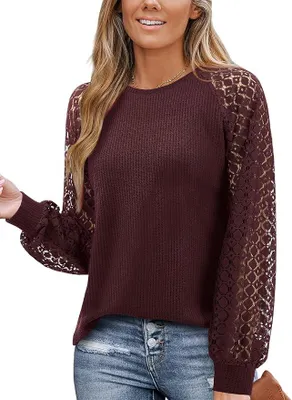 Produktbild von Elegante Damen Spitzenbluse Rot Wein Langarm L