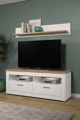Zdjęcie produktu dla Stolik pod TV z 2 szufladami i 2 otwartymi półkami, jasne drewno i białe wykończenie, szerokość 148 cm - Shade