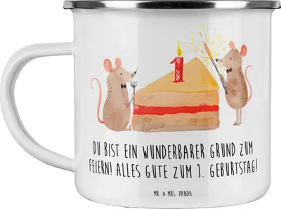 Produktbild von Mr. & Mrs. Panda Teetasse 1. Geburtstag Feiern - Weiß - Geschenk, alles Gute zum, Meilenstein, Geburtstagsgeschenk, Pott, becher emaille, Geburtstagsfreude, Haferl, Alter
