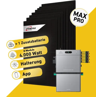 Produktbild von 4000 Watt, Bifazial Komplettset, Balkonkraftwerk, Zendure Solarflow 2400 Pro, AB3000L Zusatzbatterie
