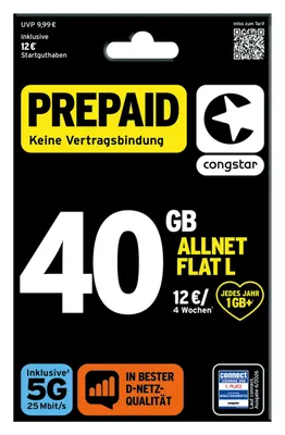 Produktbild von congstar Prepaid Allnet L: 40 GB Datenvolumen & Flatrate für Telefonie und SMS, 5G-Speed, EU-Roaming