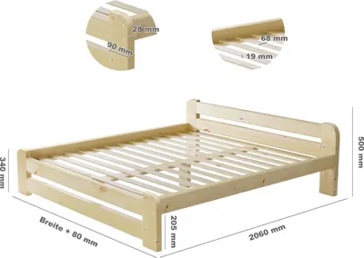 A wooden bed frame with dimensions shown.
