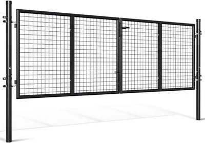 Productafbeelding van Tuindeur, staal, verzinkt, met groene poedercoating, 300x100 cm, met ronde buizen.