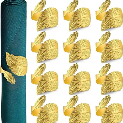Produktbild von INF Goldene Blätter Serviettenringe 12er Set - Metall Serviettenhalter